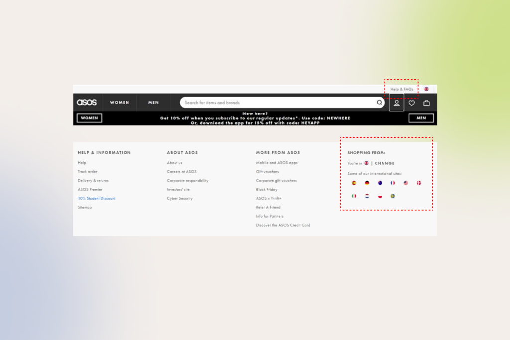 ASOS's header and footer as an example of clear ecommerce UX design